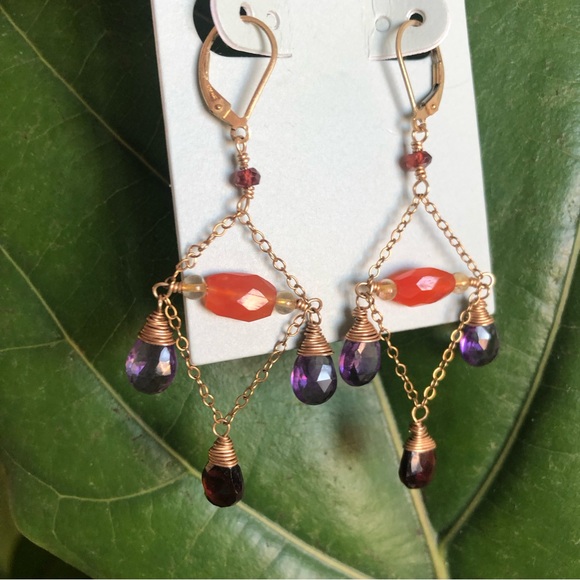 Agapantha Gold Fill Vintage Gemstone Crystal Chandelier Earrings Chain Amethyst - Picture 3 of 4